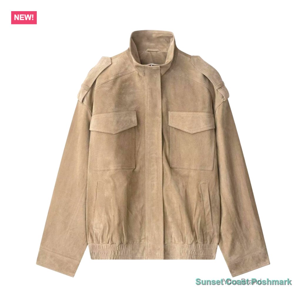 Faux Suede Bomber Jacket With Zipper Lapel And Oversized Fit
